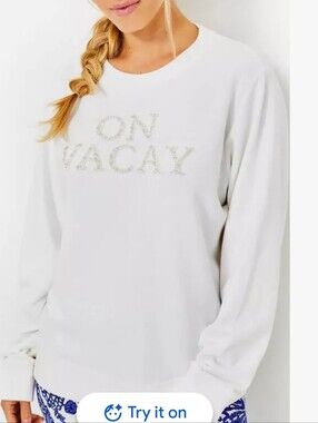 Lilly Pulitzer Sz Large On Vacay Pearl Top Beaded Sweatshirt